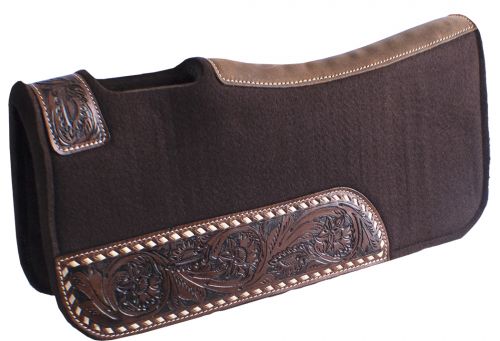 Showman Pony 24" x 24" Brown felt saddle pad with floral tooled wear leathers