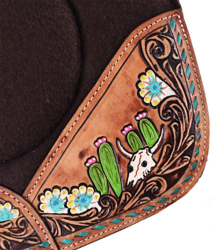 Showman 32" x 31" x 1" Brown Built Up Felt Saddle Pad with Hand Painted flower, steer skull, and cactus design #2