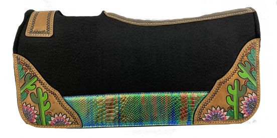 Showman Pony 24" x 24" Black felt 1" saddle pad with blue&#47;green snake metallic accent with painted floral and cactus designs
