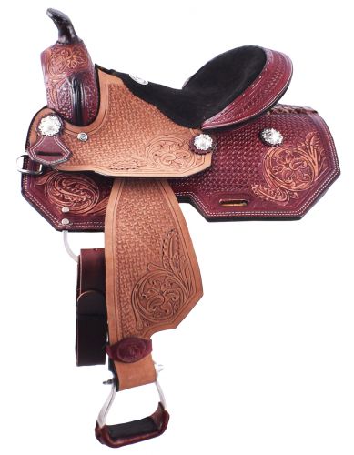 12" Double T youth saddle with floral and basketweave tooling