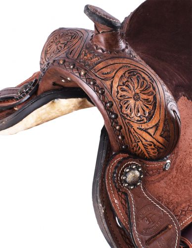 10" Double T pony saddle with floral and basketweave tooled pommel, cantle, and skirt #2