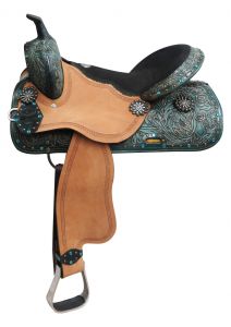 16" Double T barrel style saddle with spur rowel conchos