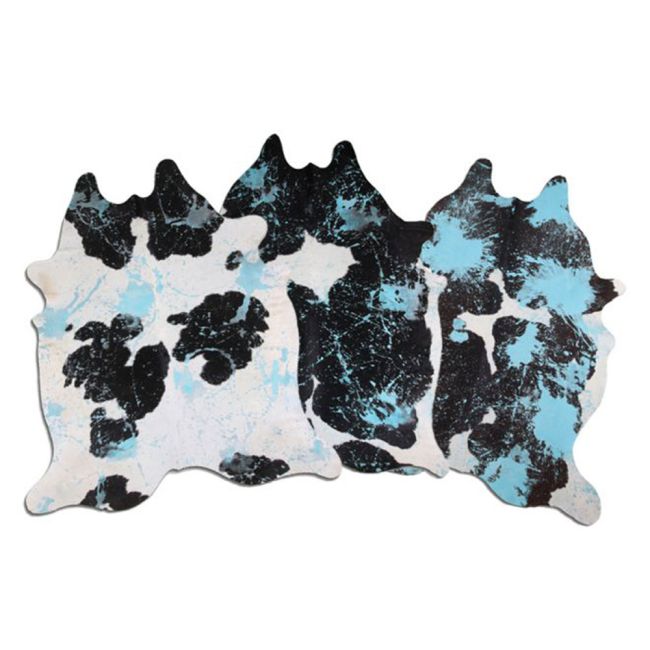 LG&#47;XL Brazilian Aqua Splatter Distressed Black &#47; White cowhide rugs. Measures approx. 42.5-50 square feet