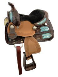 8" Double T Miniature Western Style Saddle - Painted Feather Tooling