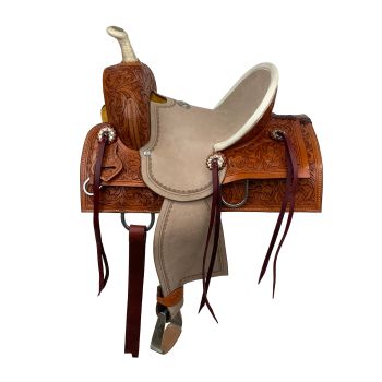 12" Double T Square Skirt Hard Seat Barrel Style Saddle with Floral Tooling
