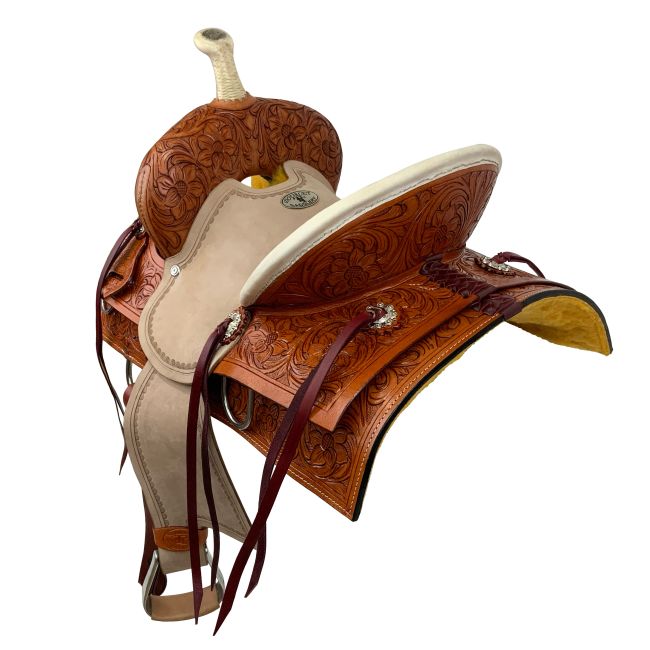 12" Double T Square Skirt Hard Seat Barrel Style Saddle with Floral Tooling #2