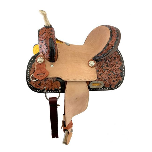 12" Double T Youth barrel style hard seat saddle with Two-Tone floral tooling