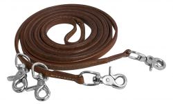 Showman Harness leather draw reins with 4 scissor snaps. 3/8" x 11ft