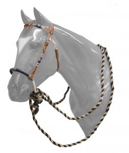 Showman leather futurity knot headstall with rawhide braided bosal and horse hair mecate reins