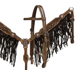 Showman double stitched leather headstall and breast collar set with brown suede fringe and floral tooling
