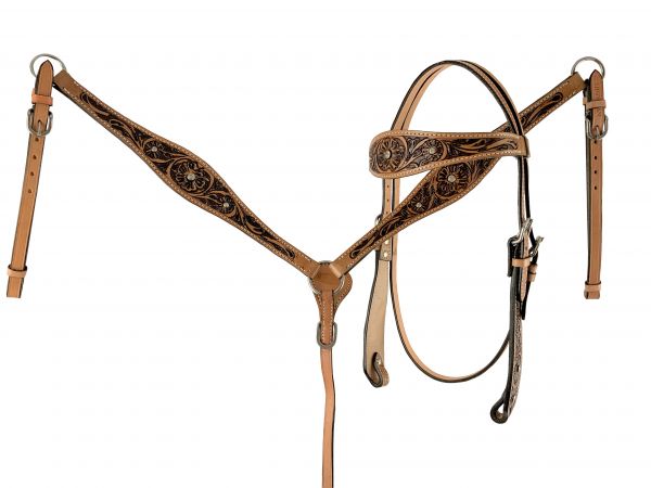 Double Stitched Leather Headstall with Floral Tooling