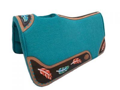 Klassy Cowgirl 28" x 30" x 1" Teal Felt Pad with Vented Wither - Pink and Blue Feathers