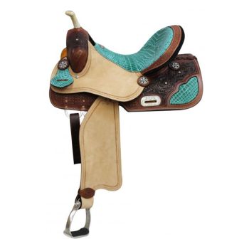 Double T Barrel Style Saddle with Teal Alligator Print Accent - 14, 15, 16 Inch