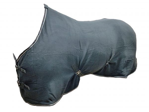 Contoured Black fleece horse cooler with double buckle front closure