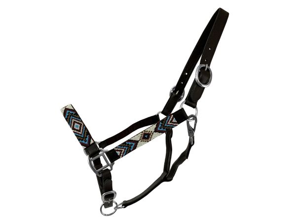 Adjustable Leather Halter with Beaded Overlay - Teal&#47;White&#47;Burgundy