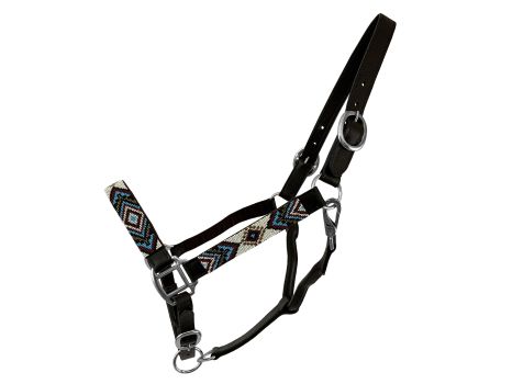 Adjustable Leather Halter with Beaded Overlay - Teal/White/Burgundy