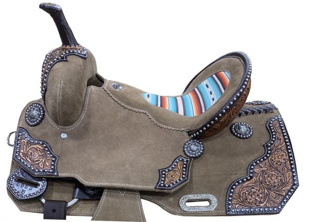 14", 15" DOUBLE T Rough Out Barrel style saddle with Southwest Serape Printed Inlay #2