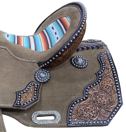 14", 15" DOUBLE T Rough Out Barrel style saddle with Southwest Serape Printed Inlay #4