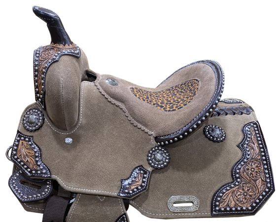 12" DOUBLE T Rough Out Barrel style saddle with Cheetah Printed Inlay #2