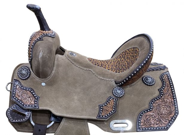 14", 15" DOUBLE T Rough Out Barrel style saddle with Cheetah Printed Inlay #2