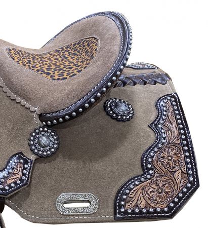 12" DOUBLE T Rough Out Barrel style saddle with Cheetah Printed Inlay #4