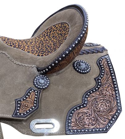 14", 15" DOUBLE T Rough Out Barrel style saddle with Cheetah Printed Inlay #4
