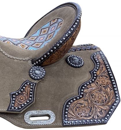 14", 15" DOUBLE T Barrel style saddle with Aztec Printed Inlay #4