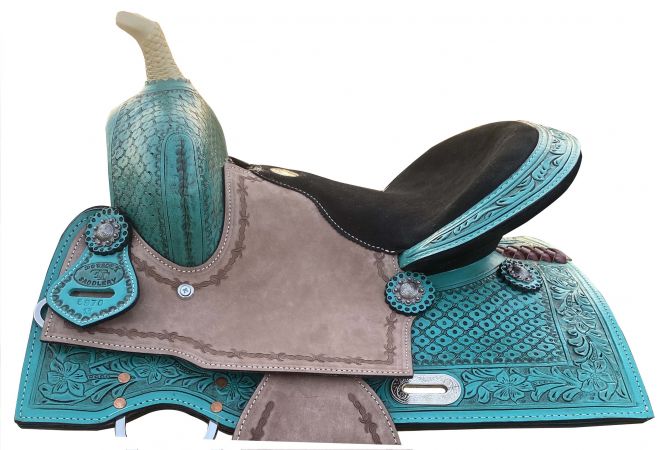 13" Double T Teal Pony&#47;Youth saddle with rough out accents #2