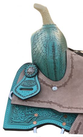 13" Double T Teal Pony&#47;Youth saddle with rough out accents #3
