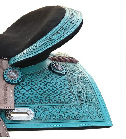 13" Double T Teal Pony&#47;Youth saddle with rough out accents #4