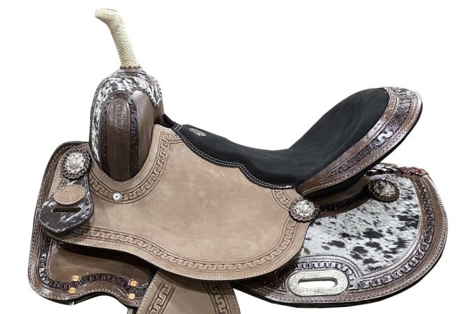 DOUBLE T 15" Barrel Style saddle with hair on cowhide inlay #2