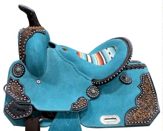 12" DOUBLE T Teal Rough Out Barrel style saddle with Southwest Printed Inlay #2
