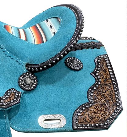 12" DOUBLE T Teal Rough Out Barrel style saddle with Southwest Printed Inlay #4