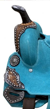 13" DOUBLE T Teal Rough Out Barrel style saddle with Southwest Printed Inlay #3