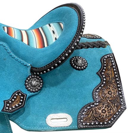 13" DOUBLE T Teal Rough Out Barrel style saddle with Southwest Printed Inlay #4