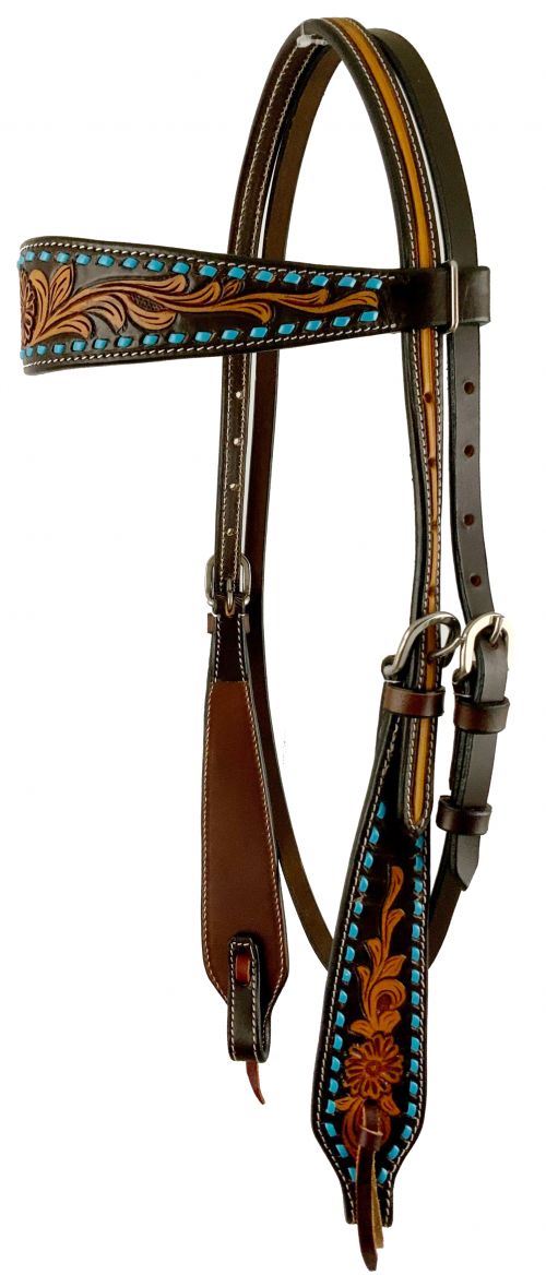 Showman Argentina cow leather two-tone browband headstall with floral tooling and turquoise rawhide braid