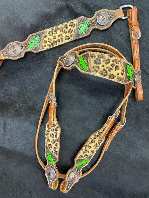 Showman Cheetah headstall and breast collar set with painted cactus accents #2