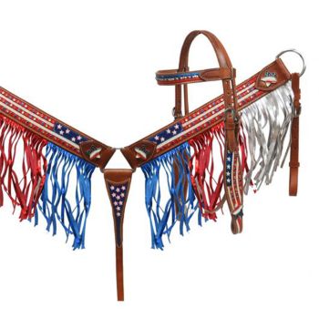 Showman Painted American Flag headstall and breast collar set with fringe