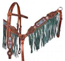Showman Medium leather headstall and breastcollar set with beaded inlay and turquoise suede fringe
