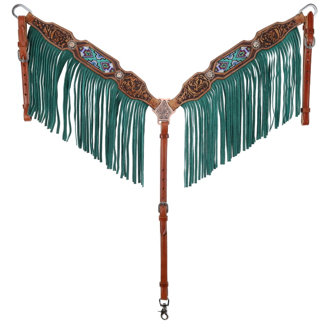 Showman Beaded Browband Headstall and Breastcollar Set with Turquoise Fringe #3