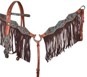 Showman Turquoise and Brown Floral Tooled browband headstall and breast collar set