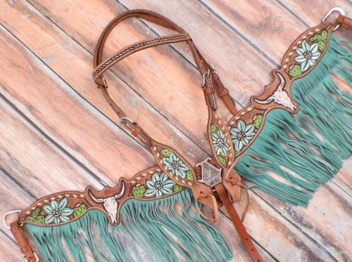 Showman Hand Painted Steer Skull and Cactus Headstall and Breast collar Set #2