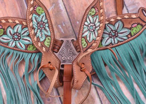 Showman Hand Painted Steer Skull and Cactus Headstall and Breast collar Set #4