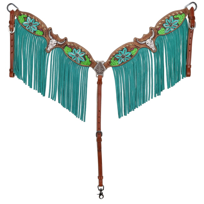 Showman Steer Skull and Cactus Browband Headstall and Breastcollar Set #3