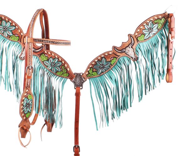 Showman Hand Painted Steer Skull and Cactus Headstall and Breast collar Set