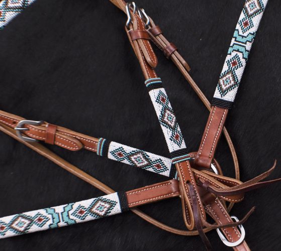 Showman Turquoise and Red Navajo Beaded headstall and breast collar set #3
