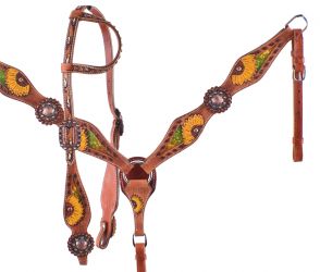Showman Hand Painted Sunflower Single Ear Headstall and Breastcollar Set with multi colored metallic inlay