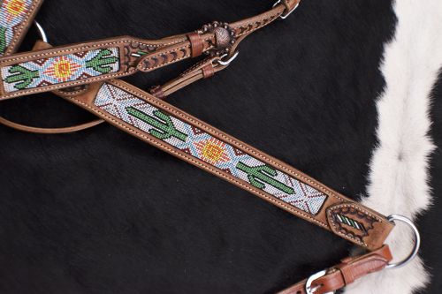 Showman Cactus and Navajo Print Beaded headstall and breast collar set #4