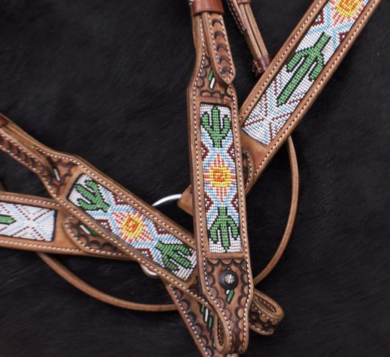 Showman Cactus and Navajo Print Beaded headstall and breast collar set #3
