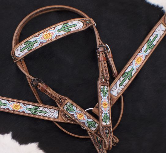 Showman Cactus and Navajo Print Beaded headstall and breast collar set #2
